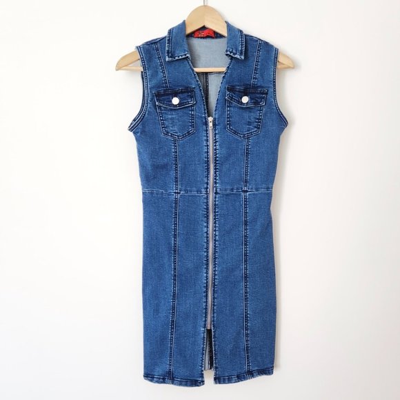 Vintage Y2K Zip Up Denim Dress Medium Blue Sleeveless // Large - Picture 1 of 12